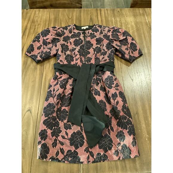 Rebecca Taylor puff sleeve brocade jacquard floral bow belt cocktail mini dress - Picture 2 of 13